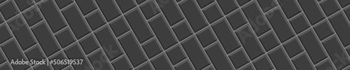 Black squares and rectangles tile in diagonal arrangement. Ceramic or stone brick wall background. Kitchen backsplash or bathroom floor seamless pattern. Facade texture. Vector flat illustration