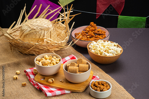 Typical Brazilian junina party sweets - Top view with copy space photo