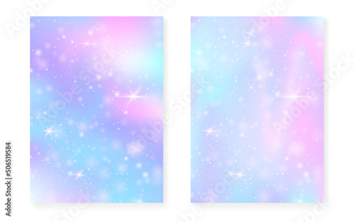 Rainbow background with kawaii princess gradient. Magic unicorn hologram.