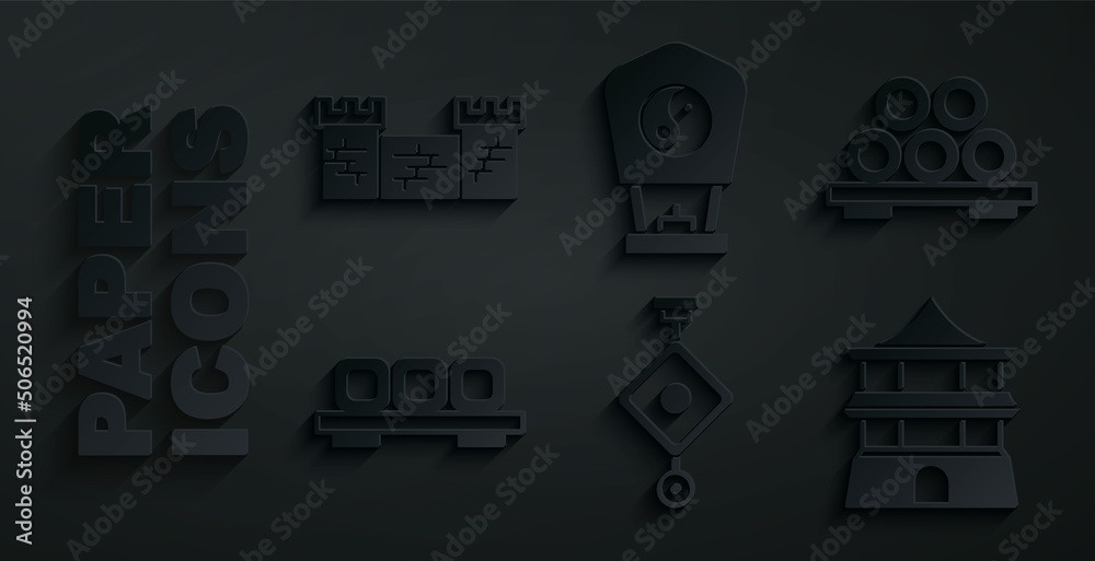 Set Chinese paper lantern, Sushi on cutting board, house, and Great wall of China icon. Vector Set Chinese paper lantern, Sushi on cutting board, house, and Great wall of China icon. Vector