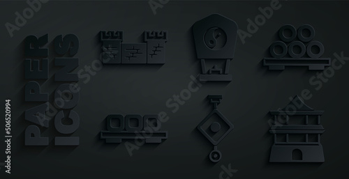 Set Chinese paper lantern, Sushi on cutting board, house, and Great wall of China icon. Vector