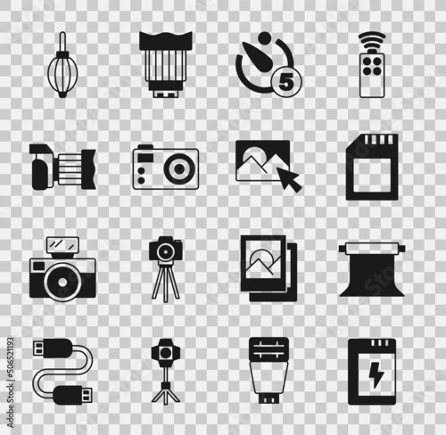 Set Battery for camera, Empty photo studio, SD card, Camera timer, Photo, Dust blower and retouching icon. Vector