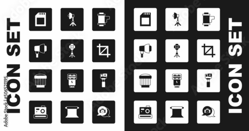 Set Camera roll cartridge, Softbox light, SD card, Picture crop photo, Action camera and lens icon. Vector