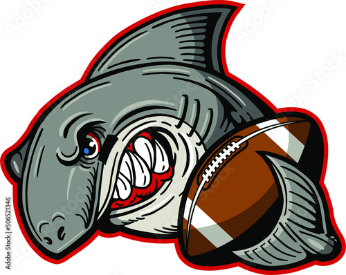 angry shark mascot holding football in fin for school, college or league