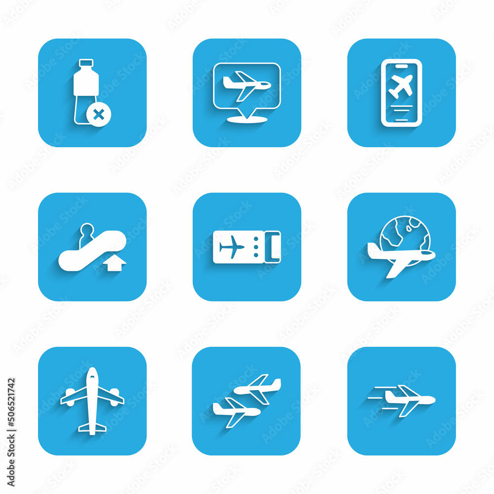 Set Airline ticket, Plane, Globe with flying plane, Escalator up, Mobile and No water bottle icon. Vector Set Airline ticket, Plane, Globe with flying plane, Escalator up, Mobile and No water bottle icon. Vector