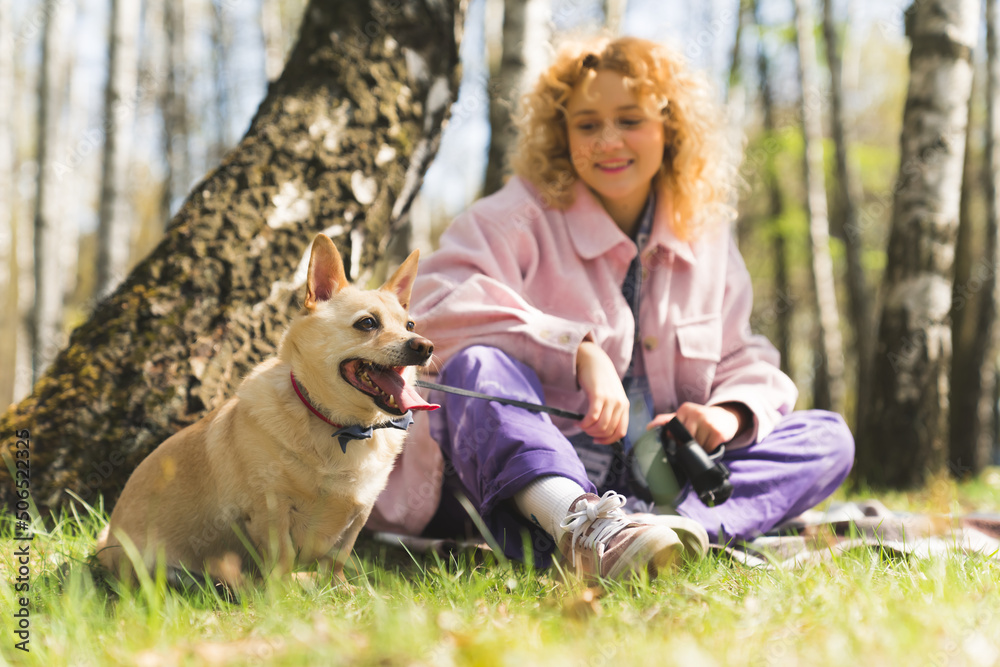 Cute alert concentrated mixed-breed dog with his tongue out sitting on the grass near a tree. Beautiful girl in a pink jacket in the background. Focus on the foreground. High quality photo Cute alert concentrated mixed-breed dog with his tongue out sitting on the grass near a tree. Beautiful girl in a pink jacket in the background. Focus on the foreground. High quality photo