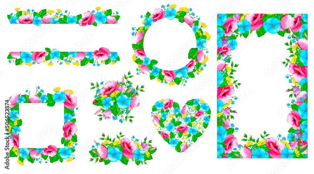 Large set of frames and designs from watercolor wildflowers and wild herbs. Watercolor clipart for cards, invitations, posters, fabric prints, patterns, stationery, labels.. Large set of frames and designs from watercolor wildflowers and wild herbs. Watercolor clipart for cards, invitations, posters, fabric prints, patterns, stationery, labels..