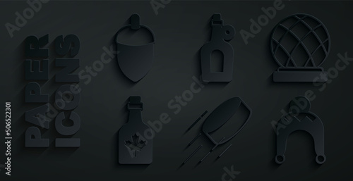 Set Hockey puck, Montreal Biosphere, Bottle of maple syrup, Winter hat, and Acorn icon. Vector