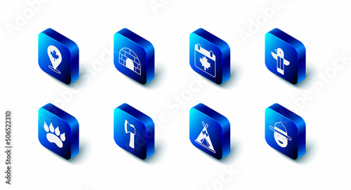 Set Igloo ice house, Canada day with maple leaf, Canadian totem pole, ranger hat, Indian teepee or wigwam, Wooden axe, Bear paw footprint and icon. Vector