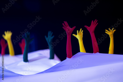 Autism awareness concept with hand. Horizontal autism theme poster, greeting cards, headers, website and app