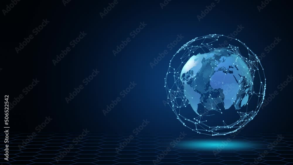 Tech earth globalization in 3d animation. Global Business dots on rotating planet.