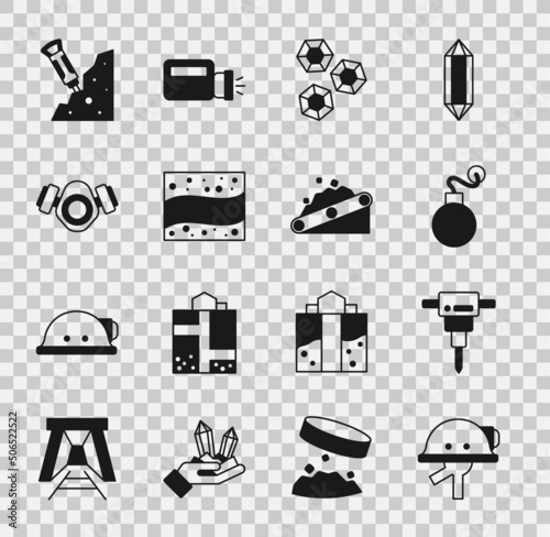 Set Miner helmet, Construction jackhammer, Bomb, Gem stone, Gold mine, Gas mask, and Conveyor belt carrying coal icon. Vector