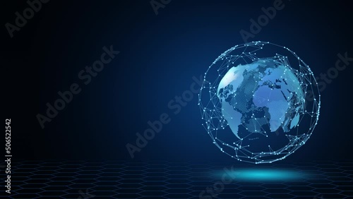 Tech earth globalization in 3d animation. Global Business dots on rotating planet.