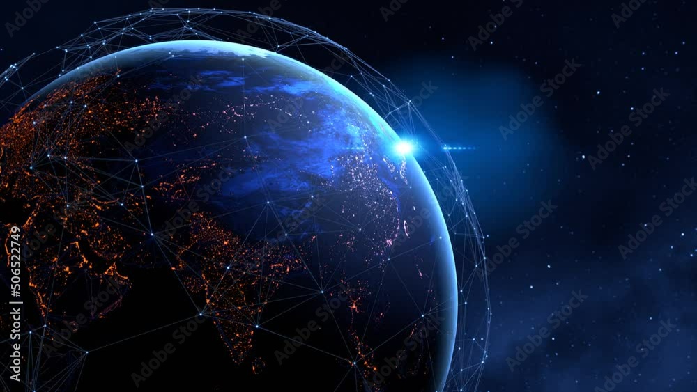 Tech earth globalization in 3d animation. Global Business dots on rotating planet.