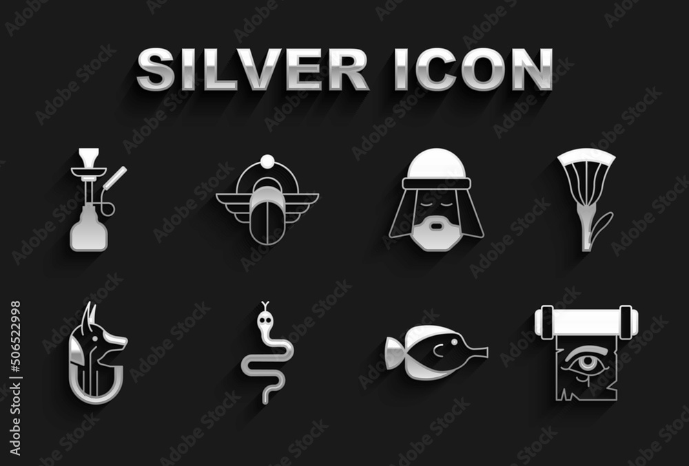 Set Snake, Egyptian lotus, Eye of Horus on papyrus scroll, Butterfly fish, anubis, man, Hookah and Scarab icon. Vector Set Snake, Egyptian lotus, Eye of Horus on papyrus scroll, Butterfly fish, anubis, man, Hookah and Scarab icon. Vector