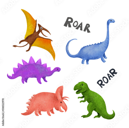 Fototapeta Naklejka Na Ścianę i Meble -  Set of cute dinosaur childish style. T-rex, tricaratops, pterodactyl, diplodocus, stegosaurus. Watercolor naive dino clip art bundle for kids design