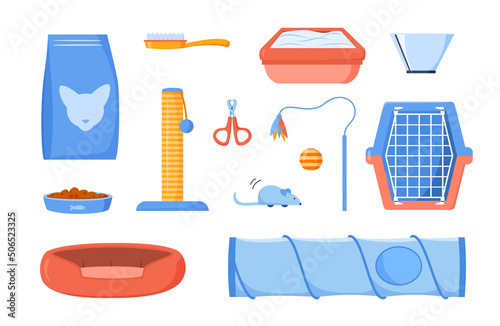 Cat supplies and accessories set for domestic pets. Pet food, scratching post, toilet, comb, scissors, feather toy, mouse, carrier, collar cone and bed. Products for animals. Flat design vector