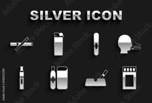 Set Electronic cigarette, Man smoking, Matchbox and matches, Ashtray with, Cigar, No and Lighter icon. Vector