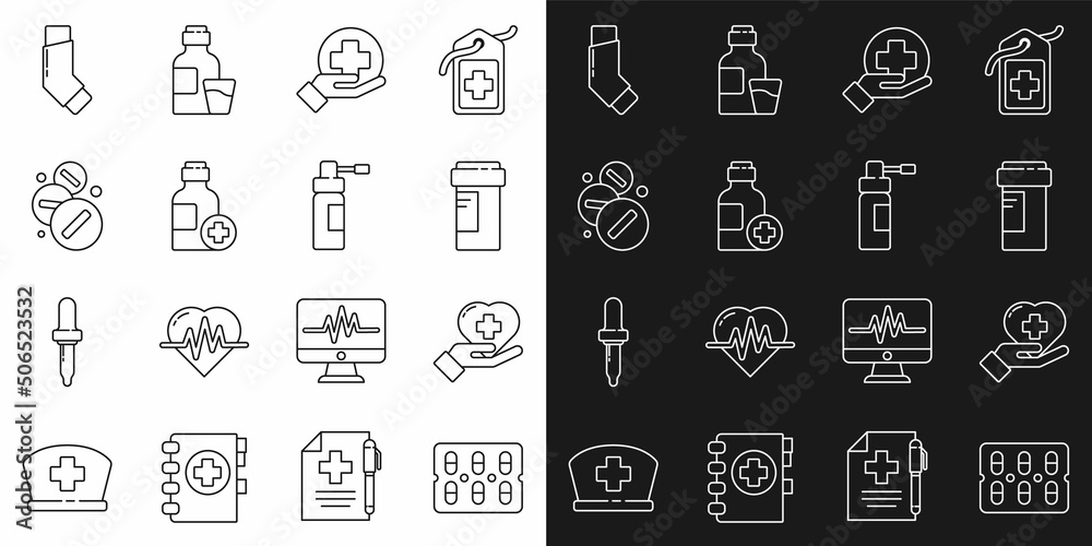 Set line Pills in blister pack, Heart with cross, Medicine bottle, Cross hospital medical, Bottle of medicine syrup, pill or tablet, Inhaler and nozzle spray icon. Vector