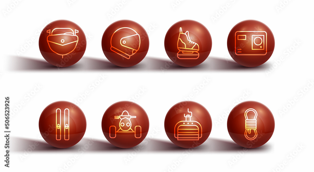 Set line Speedboat, Ski and sticks, Action extreme camera, lift, ATV motorcycle, Helmet, Climber rope and Skates icon. Vector Set line Speedboat, Ski and sticks, Action extreme camera, lift, ATV motorcycle, Helmet, Climber rope and Skates icon. Vector