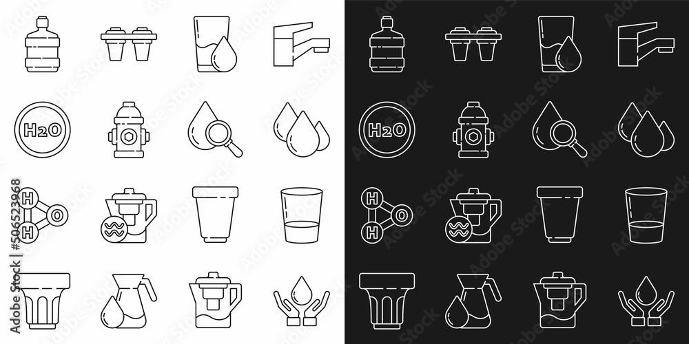 Set line Washing hands with soap, Glass water, Water drop, Fire hydrant, Chemical formula for H2O, Big bottle clean and Drop magnifying glass icon. Vector
