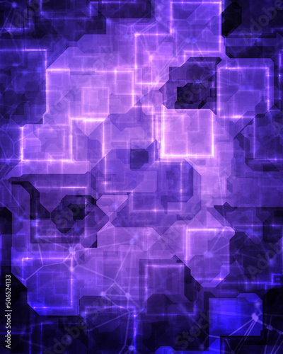 A purple cyberpunk background with electronic grid and circuits.