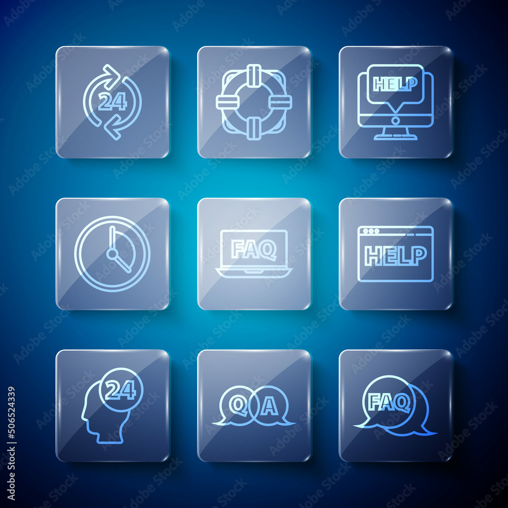 Set line Support operator in touch, Question and Answer, Speech bubble with FAQ, Computer monitor help, Laptop, Time Management, Telephone 24 hours support and Browser icon. Vector
