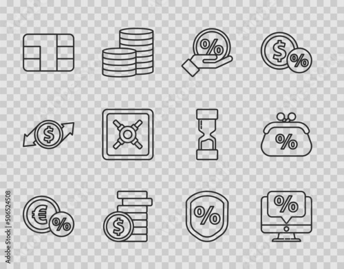 Set line Money coin with percent, Percent discount and monitor, Discount tag, Coin money dollar, Credit card chip, Safe, Loan and Purse icon. Vector