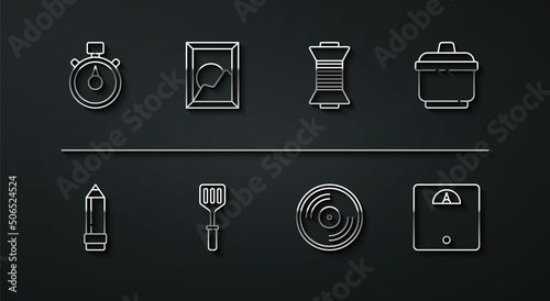 Set line Stopwatch, Pencil with eraser, Cooking pot, Vinyl disk, Spatula, Picture landscape, Bathroom scales and Sewing thread on spool icon. Vector