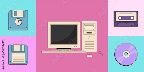 Back to 90s. Flat vector set of old computer pc, vintage video cassette, retro floppy disk, tape recorder cassette and compact disc...Nostalgia for 1990s