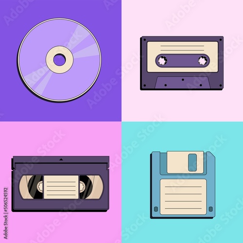 Retro floppy disk, compact disc, vintage cassette, video record icons in flat style isolated on color background. Back to 90s. Nostalgia for 1990s equipment