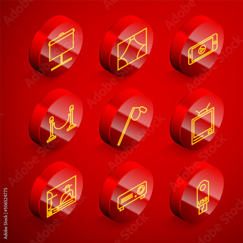 Set line Projection screen, Curtain, Online play video, Rope barrier, Microphone, Retro tv, and Movie, film, media projector icon. Vector
