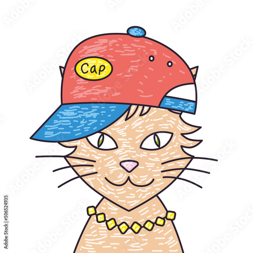 Cute cheerful glamour fashionable shopping cat wearing luxury gold necklace and red baseball cap face portrait isolated cartoon vector illustration