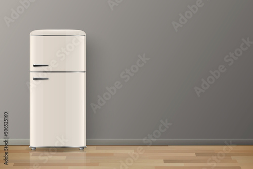 Vector Banner with 3d Realistic Glossy Beige Retro Vintage Fridge. Vertical Simple Refrigerator. Closed Fridge. Design Template, Mockup of Fridge. Front View photo
