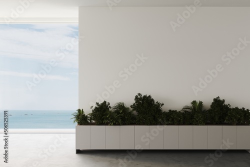 Empty white room with concrete floor, plants in pot with sea view. 3d render. Mockup frame for presentation space