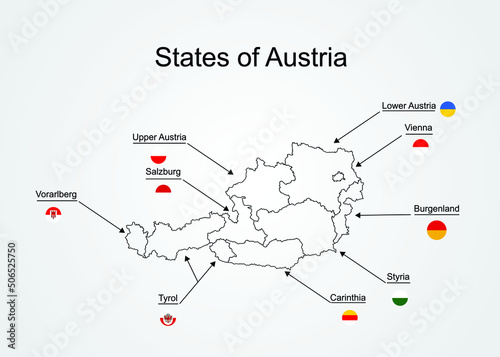 Silhouettes of the federal states of Austria map, vector illustration. Separated regions of Austria. Burgenland, Carinthia, Lower Austria, Salzburg, Styria, Tyrol, Upper Austria, Vienna, Voralberg map