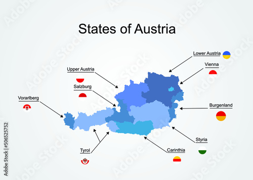 Silhouettes of the federal states of Austria map, vector illustration. Separated regions of Austria. Burgenland, Carinthia, Lower Austria, Salzburg, Styria, Tyrol, Upper Austria, Vienna, Voralberg map