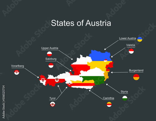Silhouettes of the federal states of Austria map, vector illustration. Separated regions of Austria. Burgenland, Carinthia, Lower Austria, Salzburg, Styria, Tyrol, Upper Austria, Vienna, Voralberg map