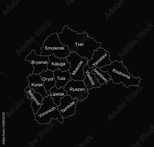 Central Federal District Russia map vector line contour illustration isolated. Regions: Smolensk, Tver, Yaroslavl, Kostroma, Iwanowo, Vladimir, Moscow, Bryansk, Kaluga, Oryol, Tula, Kursk, Lipetsk... 