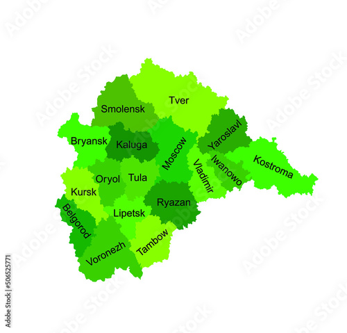Central Federal District Russia map vector silhouette illustration isolated. Regions: Smolensk, Tver, Yaroslavl, Kostroma, Iwanowo, Vladimir, Moscow, Bryansk, Kaluga, Oryol, Tula, Kursk, Lipetsk... 