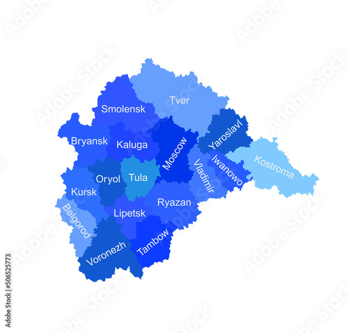 Central Federal District Russia map vector silhouette illustration isolated. Regions: Smolensk, Tver, Yaroslavl, Kostroma, Iwanowo, Vladimir, Moscow, Bryansk, Kaluga, Oryol, Tula, Kursk, Lipetsk... 
