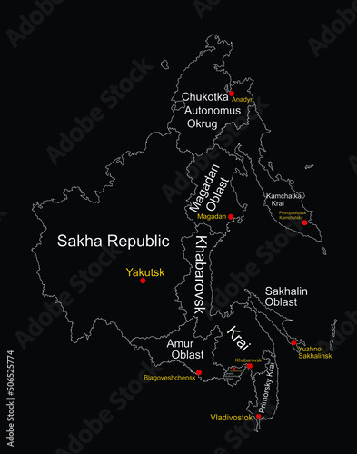 Map of Far Eastern Federal District Russia vector line silhouette illustration isolated. Regions: Sakha, Chukotka, Magadan, Kamchatka, Amur, Khabarovsk, Jewish autonomus region, Primorsky, Sakhalin. photo