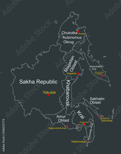 Map of Far Eastern Federal District Russia vector line silhouette illustration isolated. Regions: Sakha, Chukotka, Magadan, Kamchatka, Amur, Khabarovsk, Jewish autonomus region, Primorsky, Sakhalin.