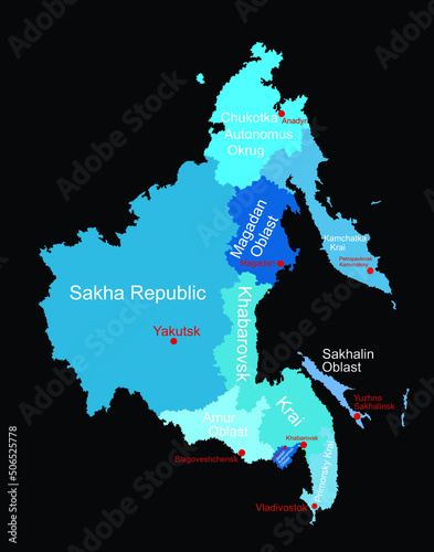 Map of Far Eastern Federal District Russia vector silhouette illustration isolated. Regions: Sakha, Chukotka, Magadan, Kamchatka, Amur, Khabarovsk, Jewish autonomus region, Primorsky, Sakhalin.