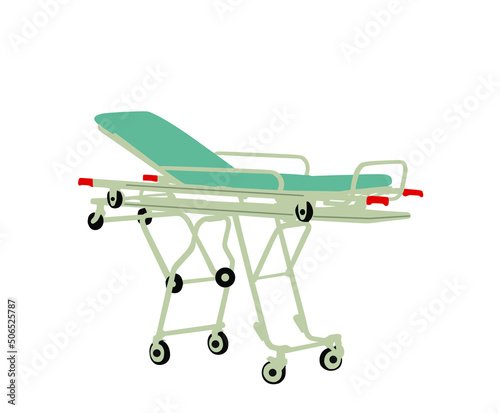 Hospital stretcher trolley vector illustration isolated on white background. First aid transport vehicle for help injured people after accident. Paramedics evacuate cart. Health care lifeguard object.