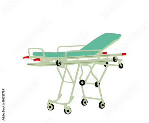 Hospital stretcher trolley vector illustration isolated on white background. First aid transport vehicle for help injured people after accident. Paramedics evacuate cart. Health care lifeguard object.