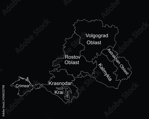 Southern Federal District map Russia, vector silhouette illustration isolated on black. Republic of Adygea, Astrakhan oblast, Volgograd oblast, Kalmykia, Krasnodar krai, Crimea, Rostov, Sevastopol. photo
