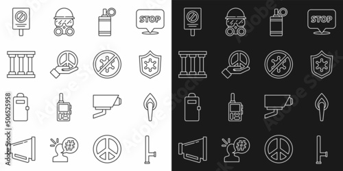 Set line Police rubber baton, Torch flame, badge, Hand grenade, Peace, Prison window, Protest and icon. Vector