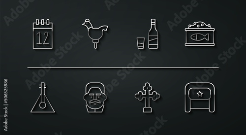 Set line Calendar 12 june, Balalaika, Tin can with caviar, Christian cross, Joseph Stalin, Cockerel lollipop, Ushanka and Bottle of vodka glass icon. Vector