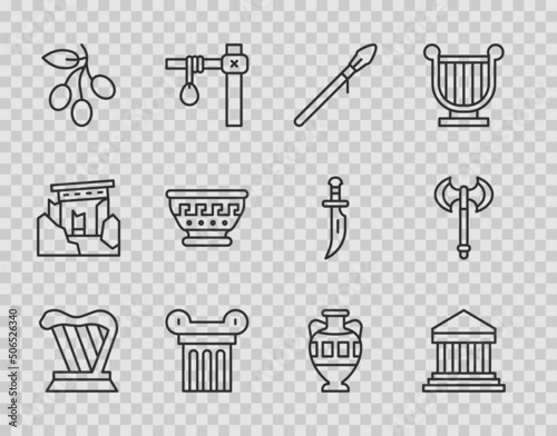Set line Harp, Parthenon, Medieval spear, Ancient column, Olives branch, Greek ancient bowl, amphorae and axe icon. Vector